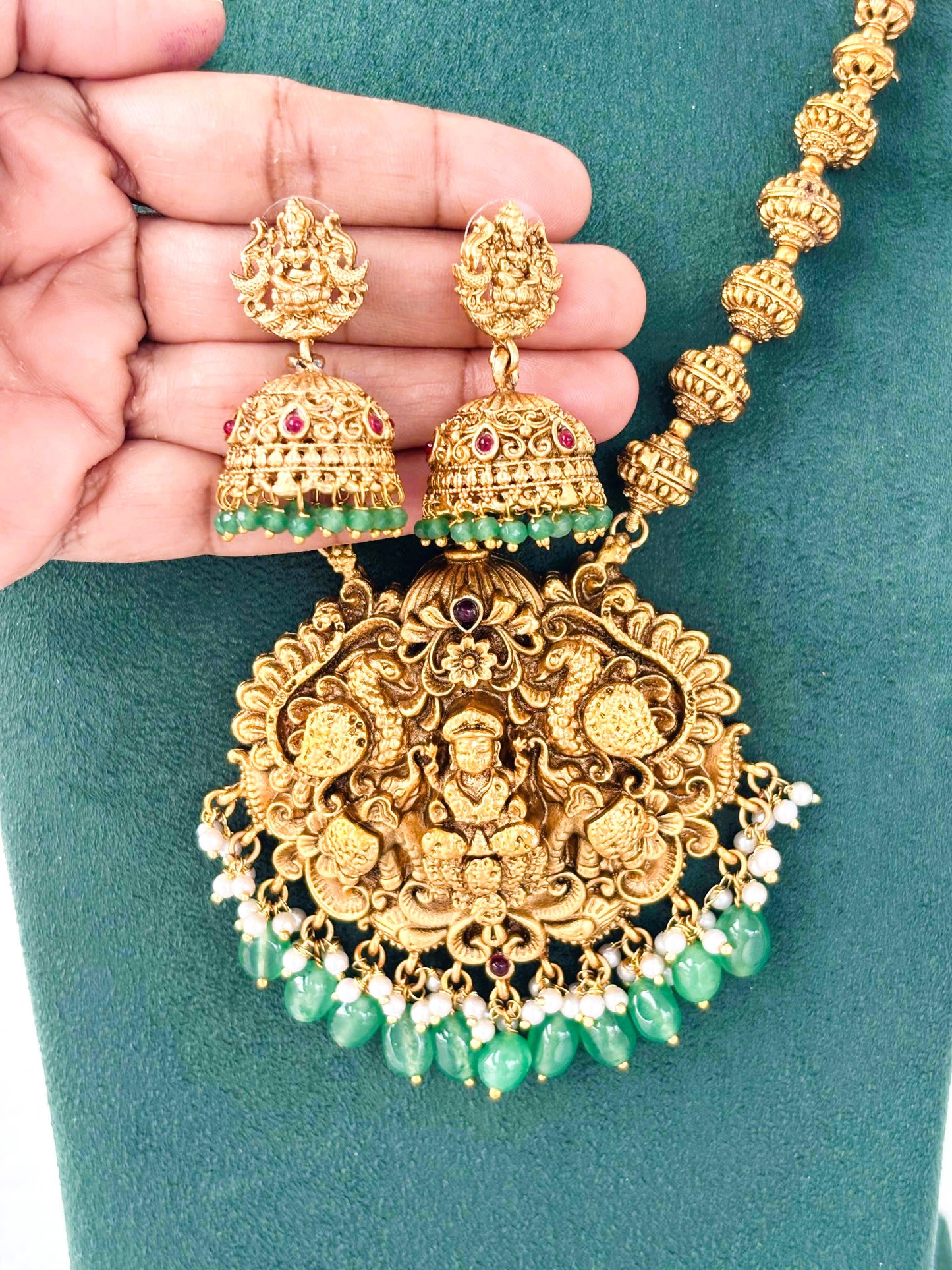 Lakshmi Temple Necklace with Green Beads and Pearls