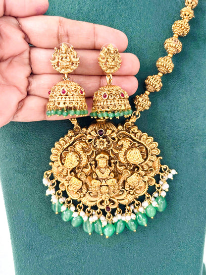 Lakshmi Temple Necklace with Green Beads and Pearls