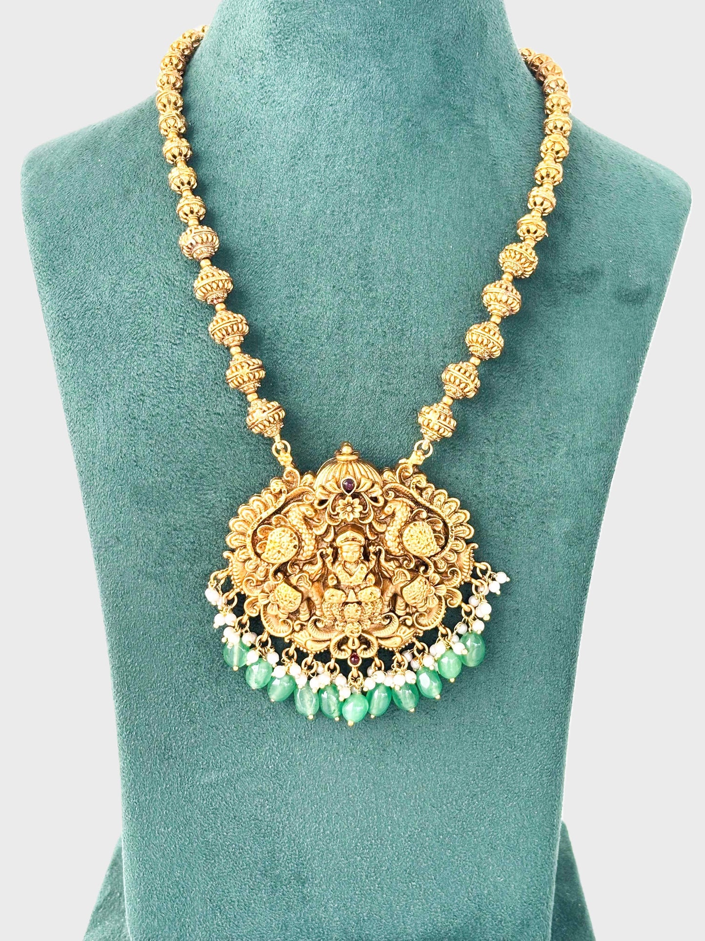 Lakshmi Temple Necklace with Green Beads and Pearls