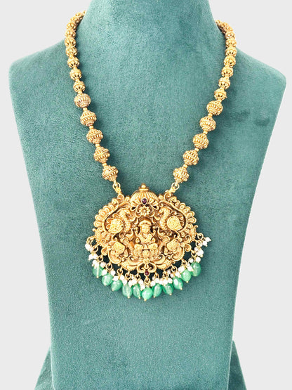 Lakshmi Temple Necklace with Green Beads and Pearls