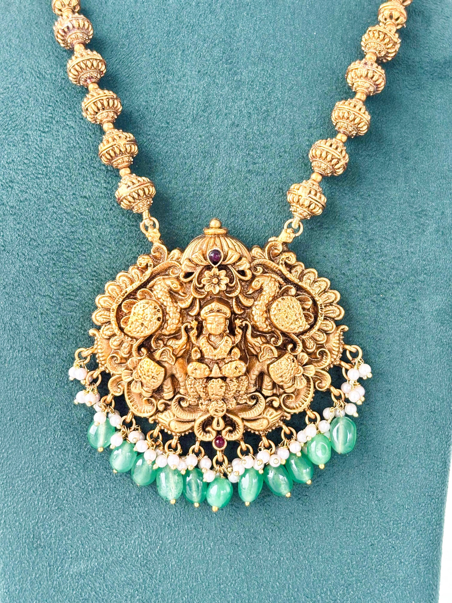 Lakshmi Temple Necklace with Green Beads and Pearls