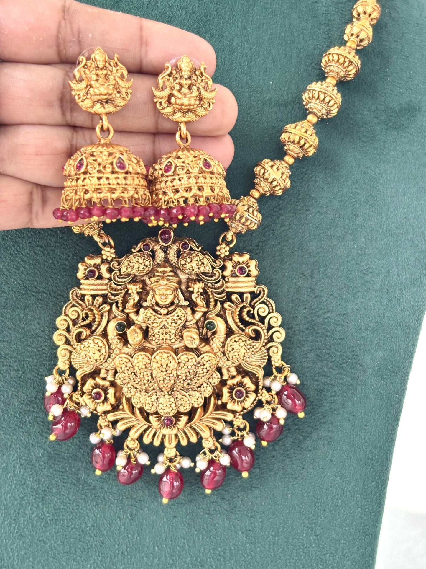 Lakshmi Temple Necklace with Red Beads and Pearls
