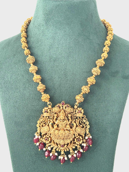 Lakshmi Temple Necklace with Red Beads and Pearls