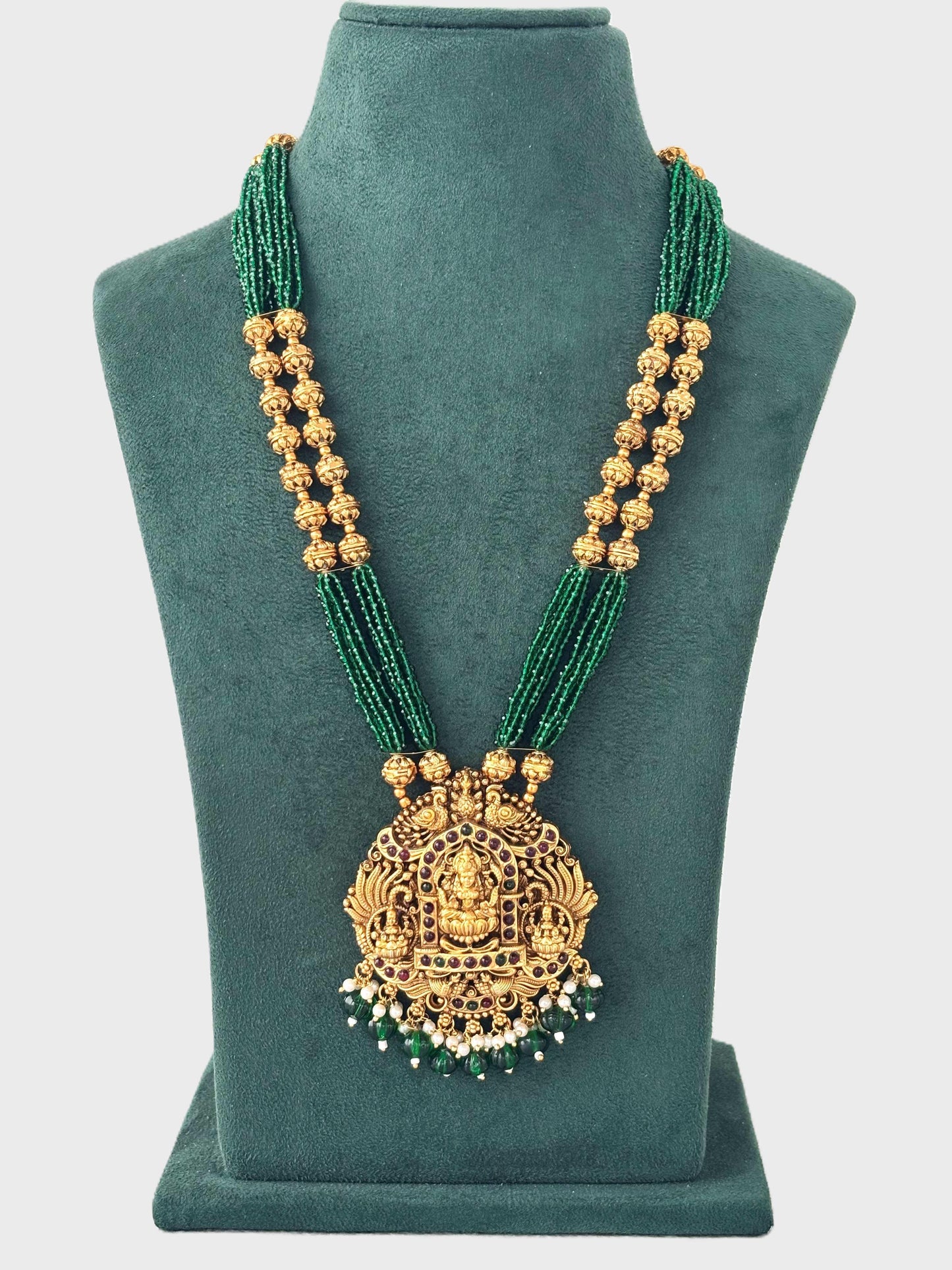 Green Hydro Beads with Lakshmi Pendant Necklace
