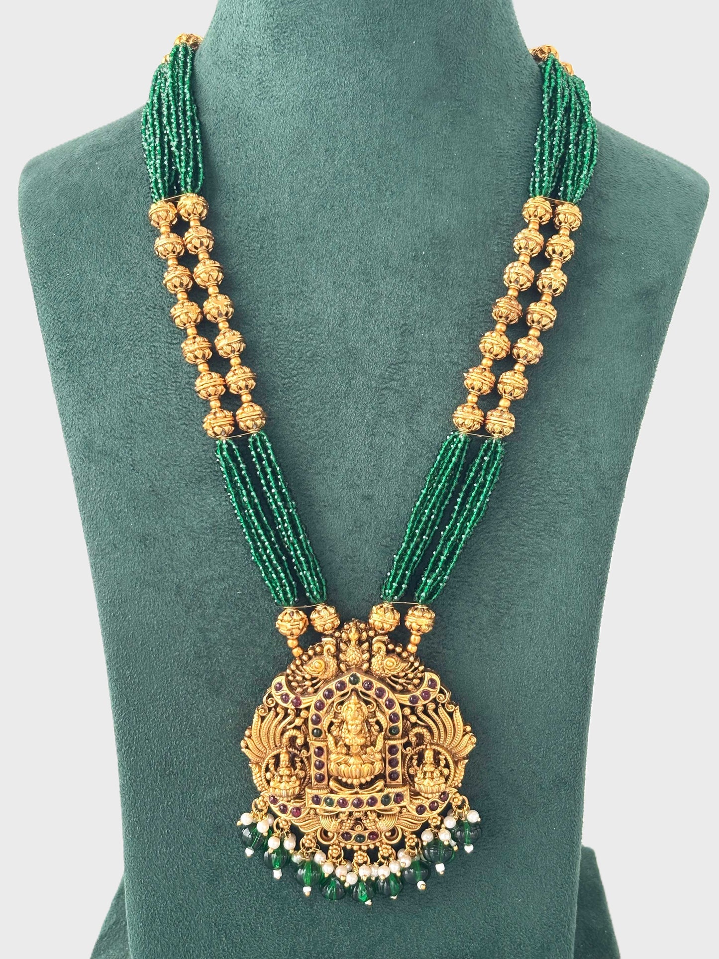 Green Hydro Beads with Lakshmi Pendant Necklace