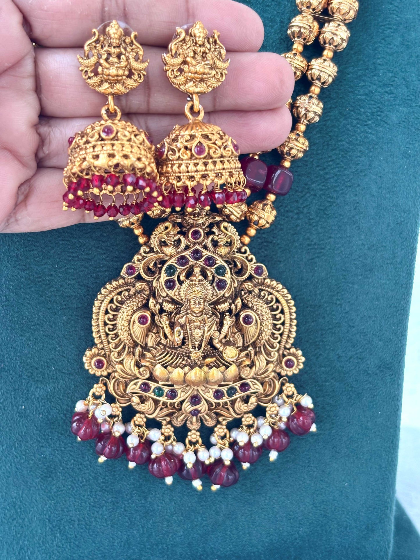 Red Hydro Beads with Lakshmi Pendant Necklace