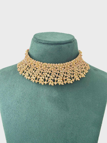 Ornate Gold Choker Set with Champagne Stone Design 2
