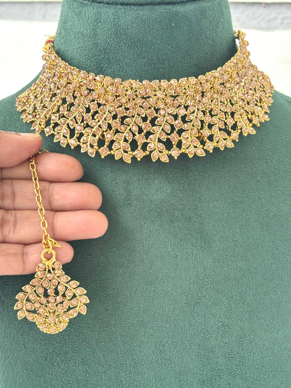 Ornate Gold Choker Set with Champagne Stone Design 2