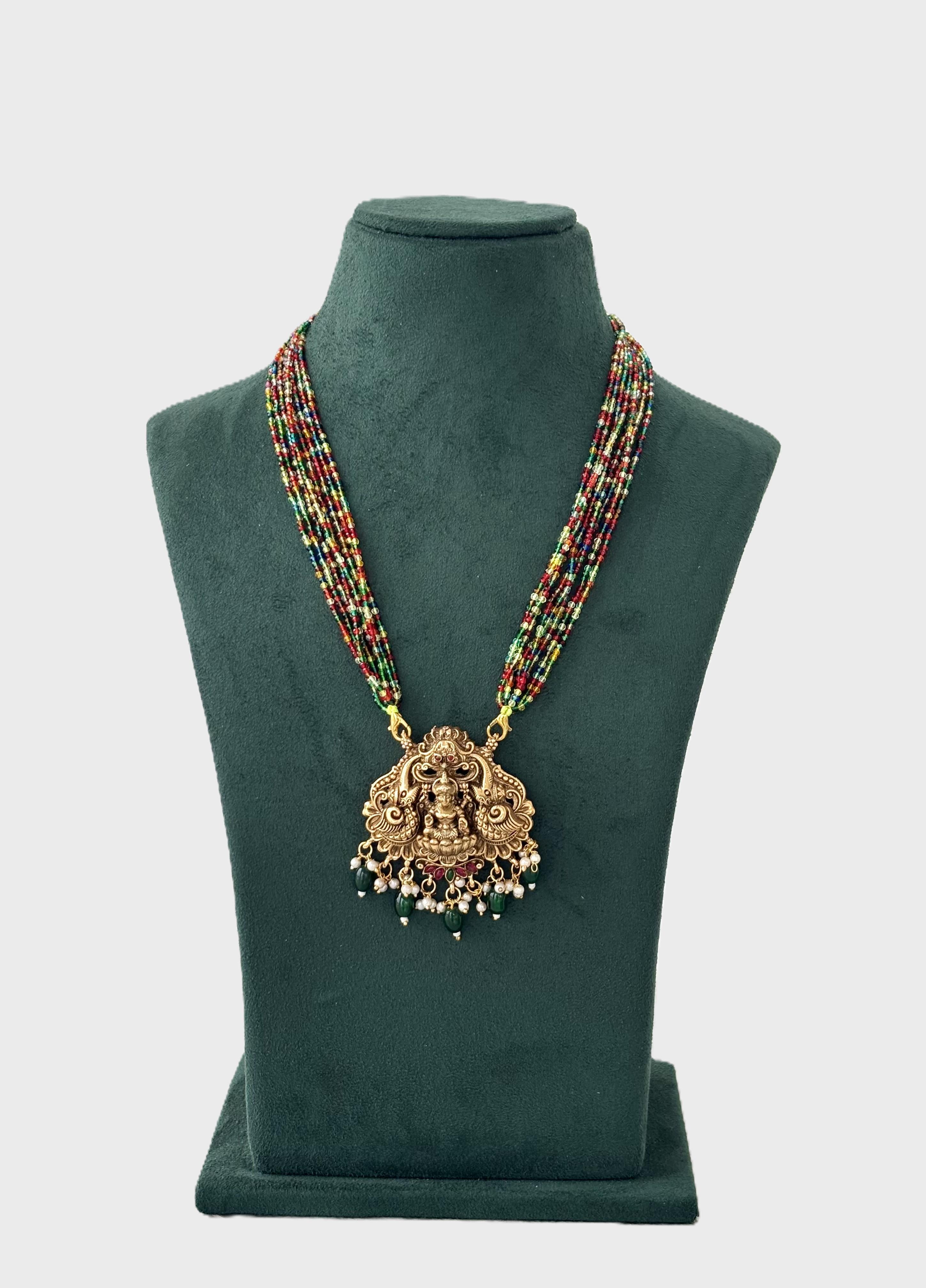 Traditional Lakshmi Pendant Necklace with Multicolor Hydro Beads