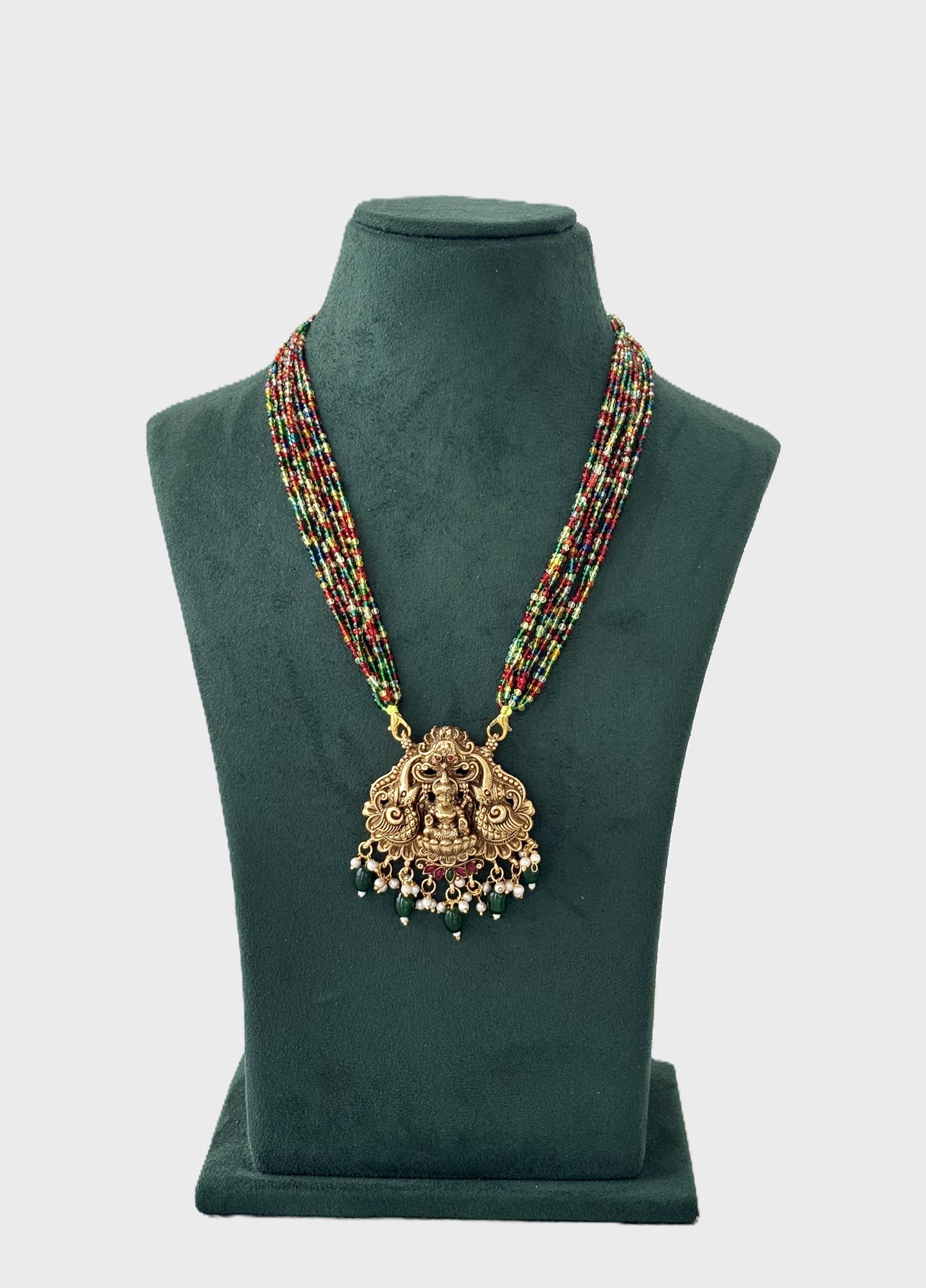 Traditional Lakshmi Pendant Necklace with Multicolor Hydro Beads