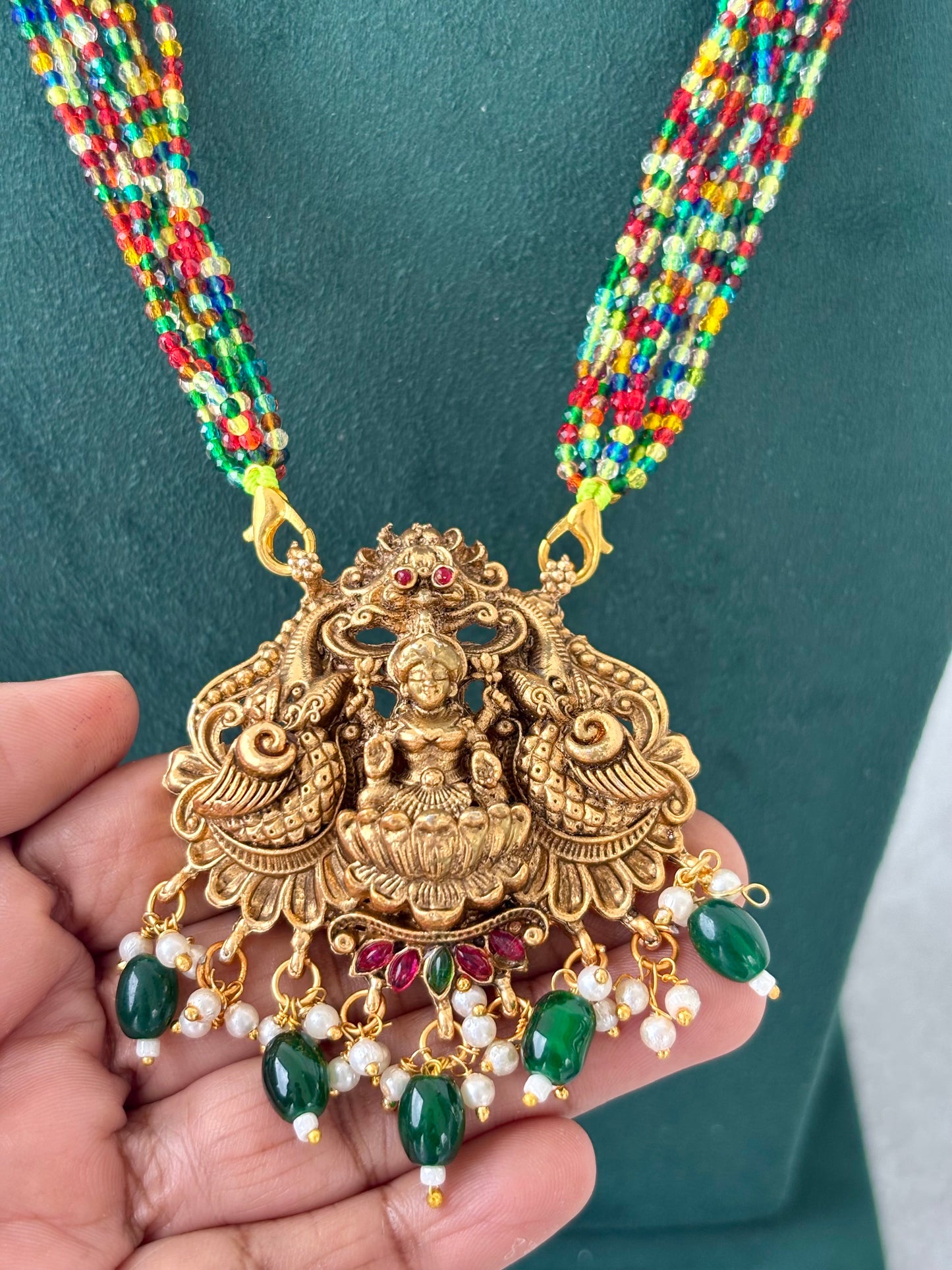 Traditional Lakshmi Pendant Necklace with Multicolor Hydro Beads