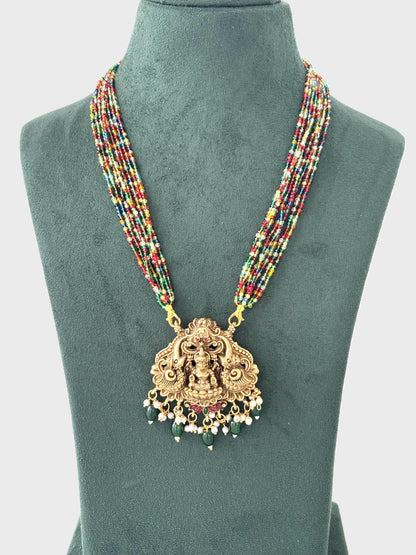 Traditional Lakshmi Pendant Necklace with Multicolor Hydro Beads