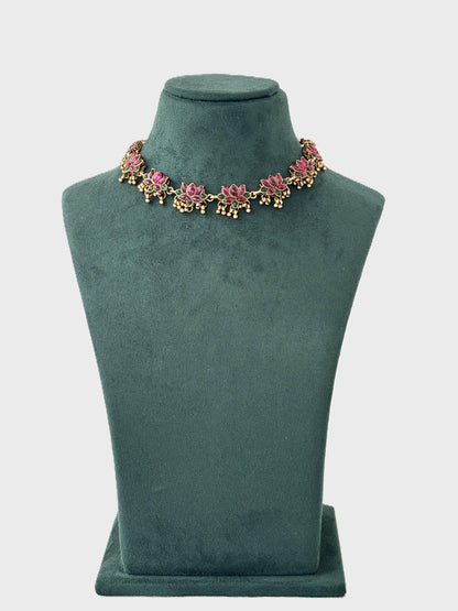 Pink and Green Lotus Kundan Necklace