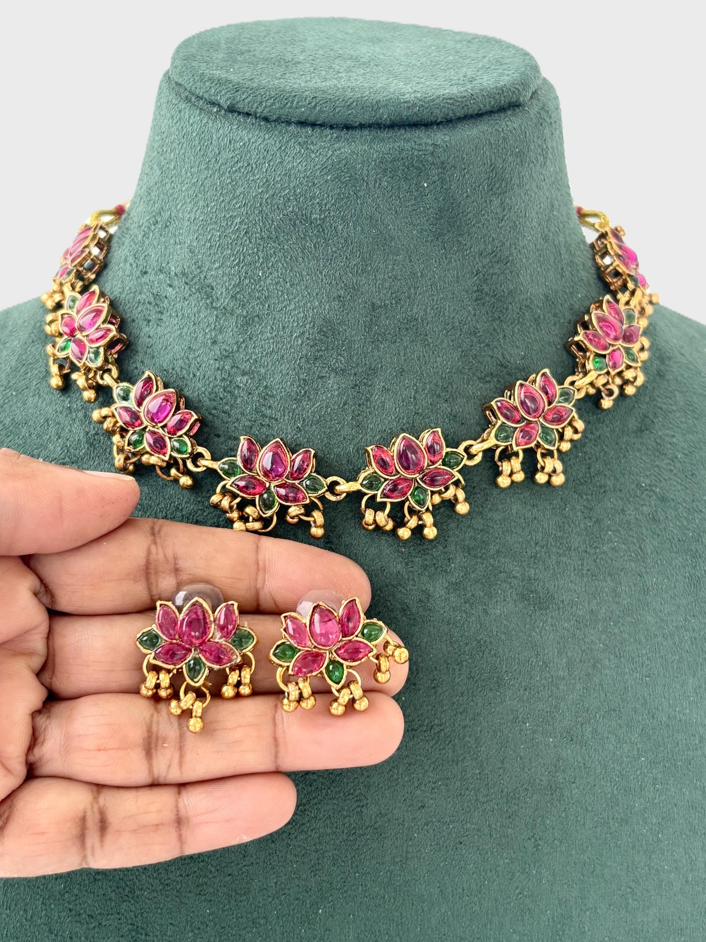 Pink and Green Lotus Kundan Necklace