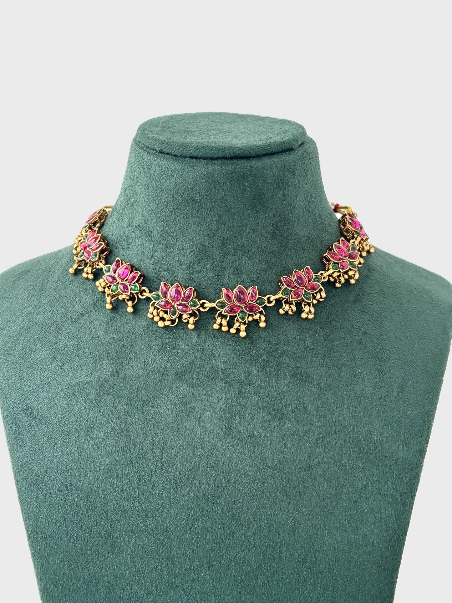 Pink and Green Lotus Kundan Necklace