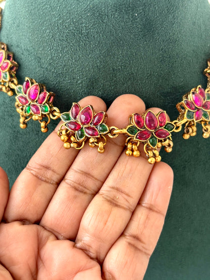 Pink and Green Lotus Kundan Necklace