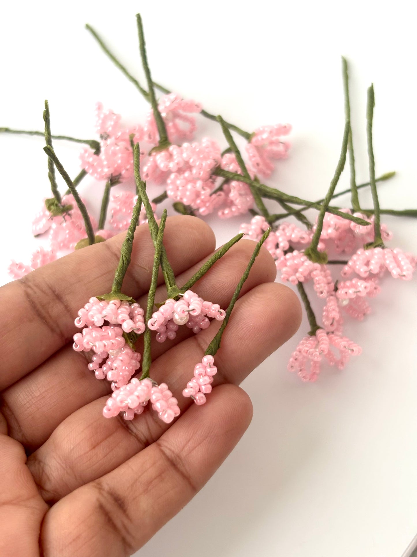 Handcrafted Pink Seed Bead Flowers with Pearl Centers