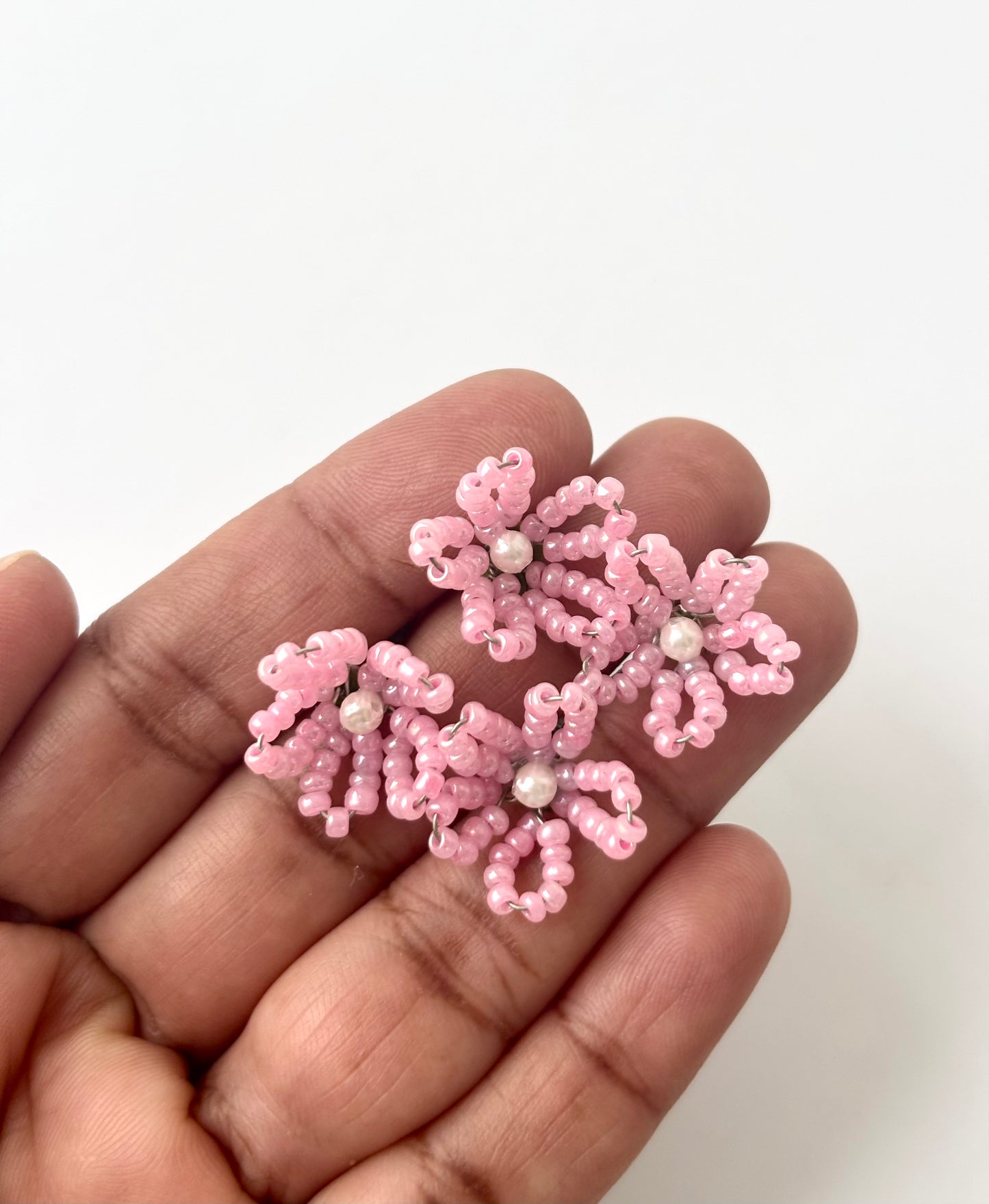 Handcrafted Pink Seed Bead Flowers with Pearl Centers