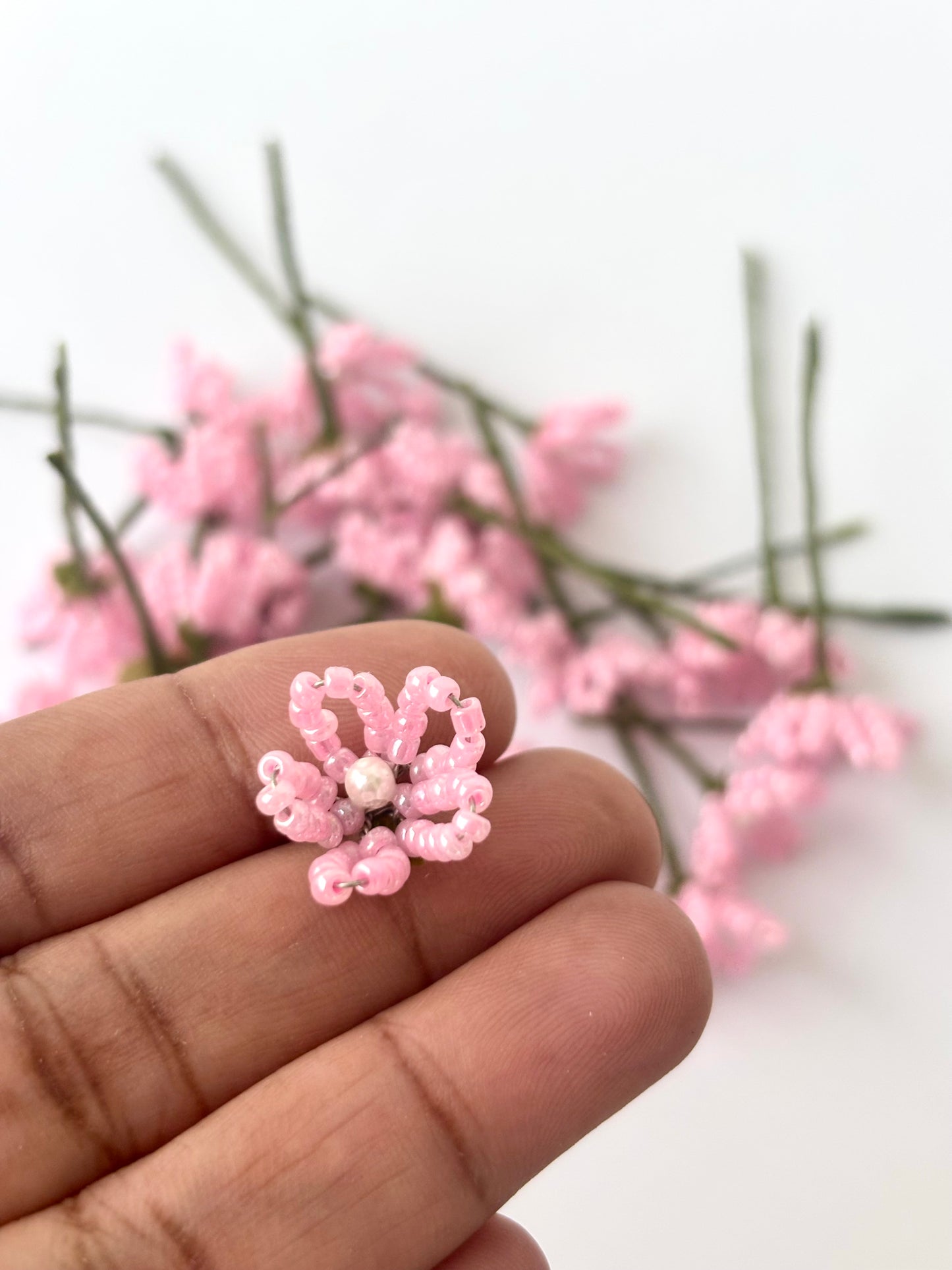 Handcrafted Pink Seed Bead Flowers with Pearl Centers