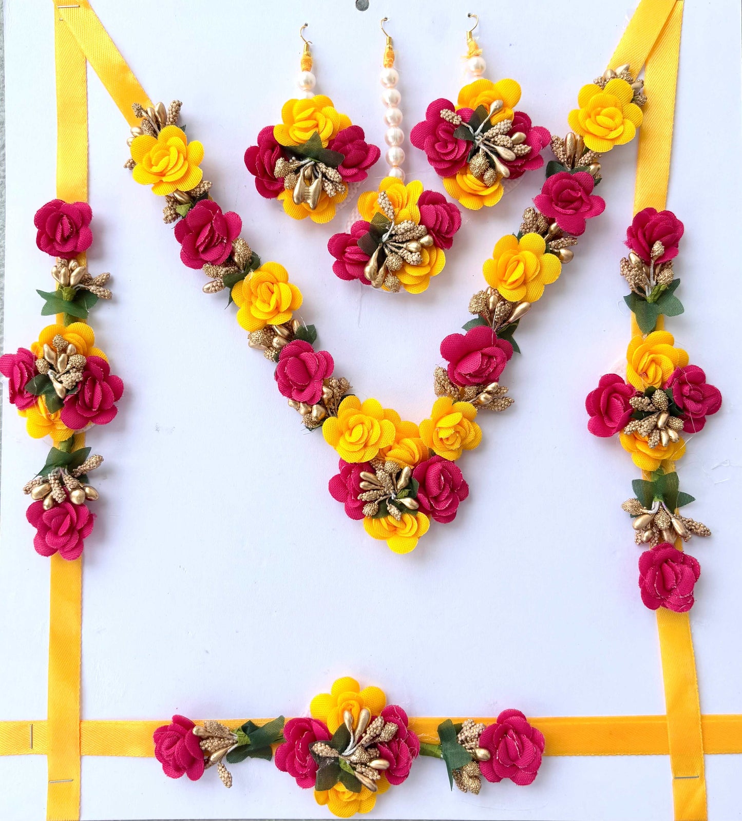 Yellow and Rose Floral Haldi Jewelry Set