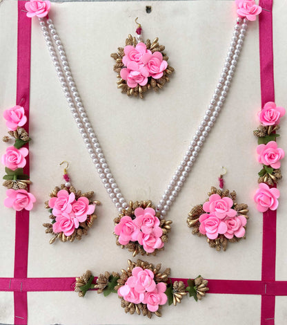 Pink Floral Haldi and Mehendi Jewelry Set