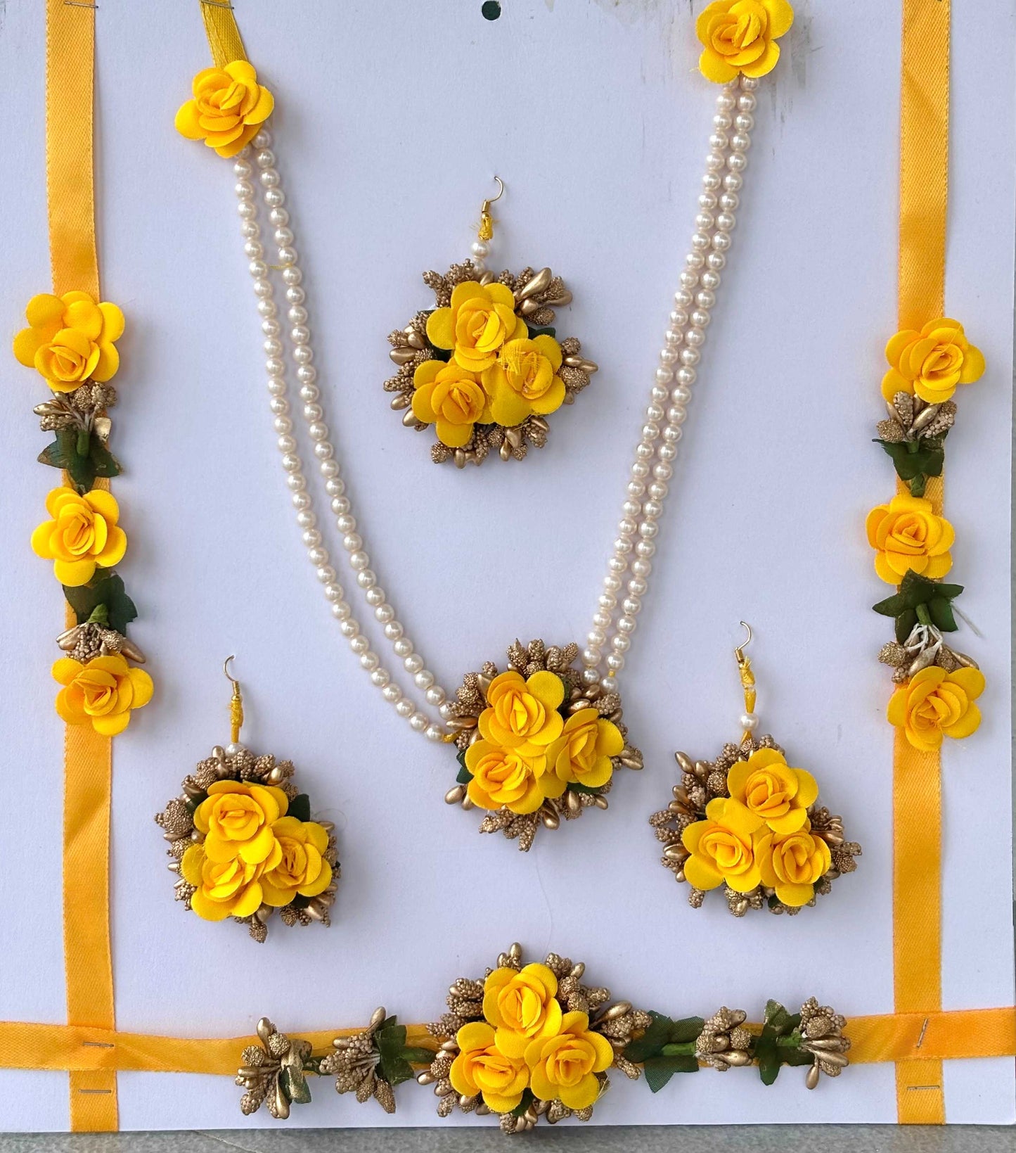 Yellow Floral Haldi Jewelry Set with Gota Patti and Pearls