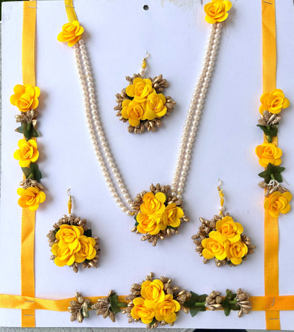 Yellow Floral Haldi Jewelry Set with Gota Patti and Pearls