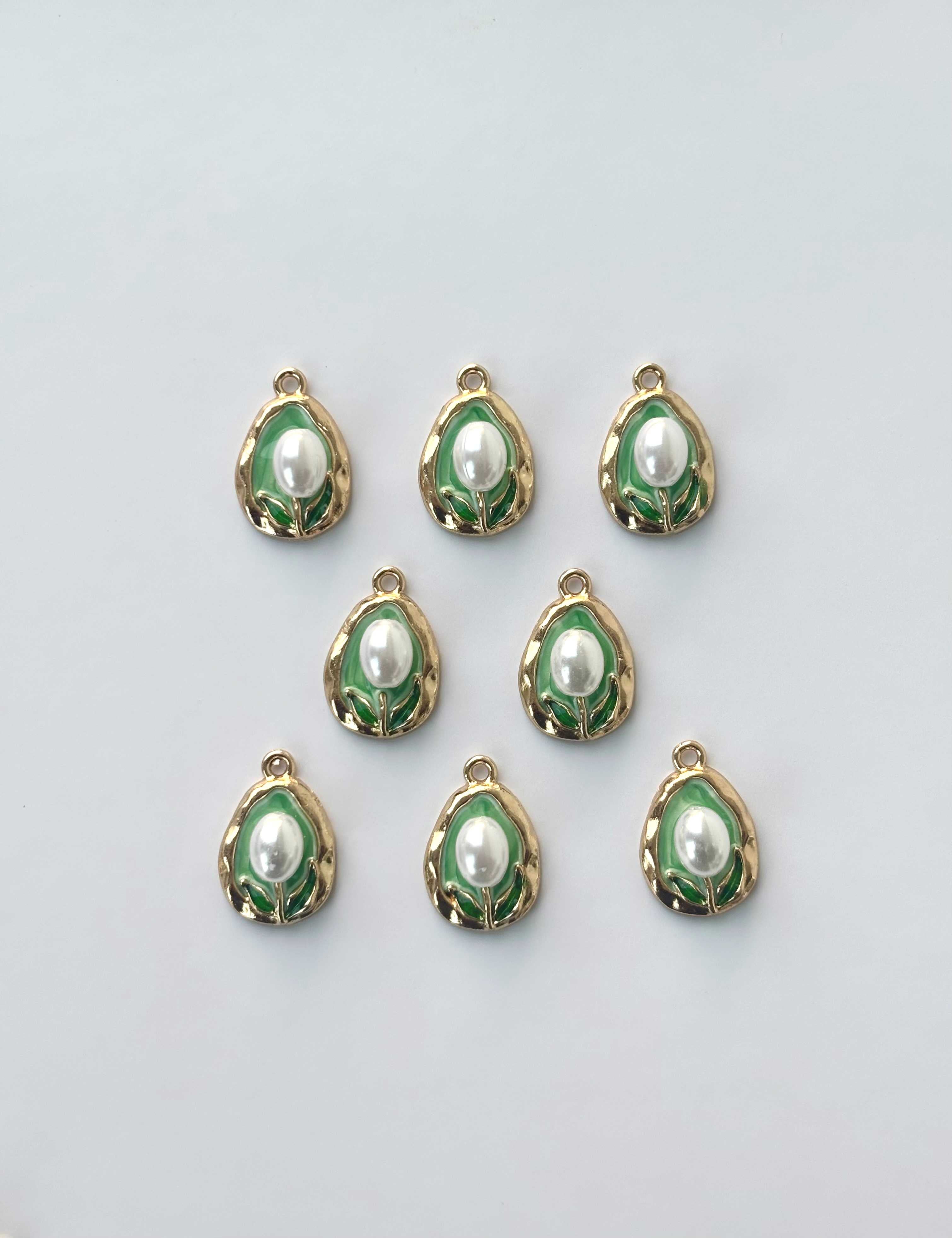 Emerald Enamel and Pearl Teardrop Charms