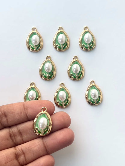 Emerald Enamel and Pearl Teardrop Charms