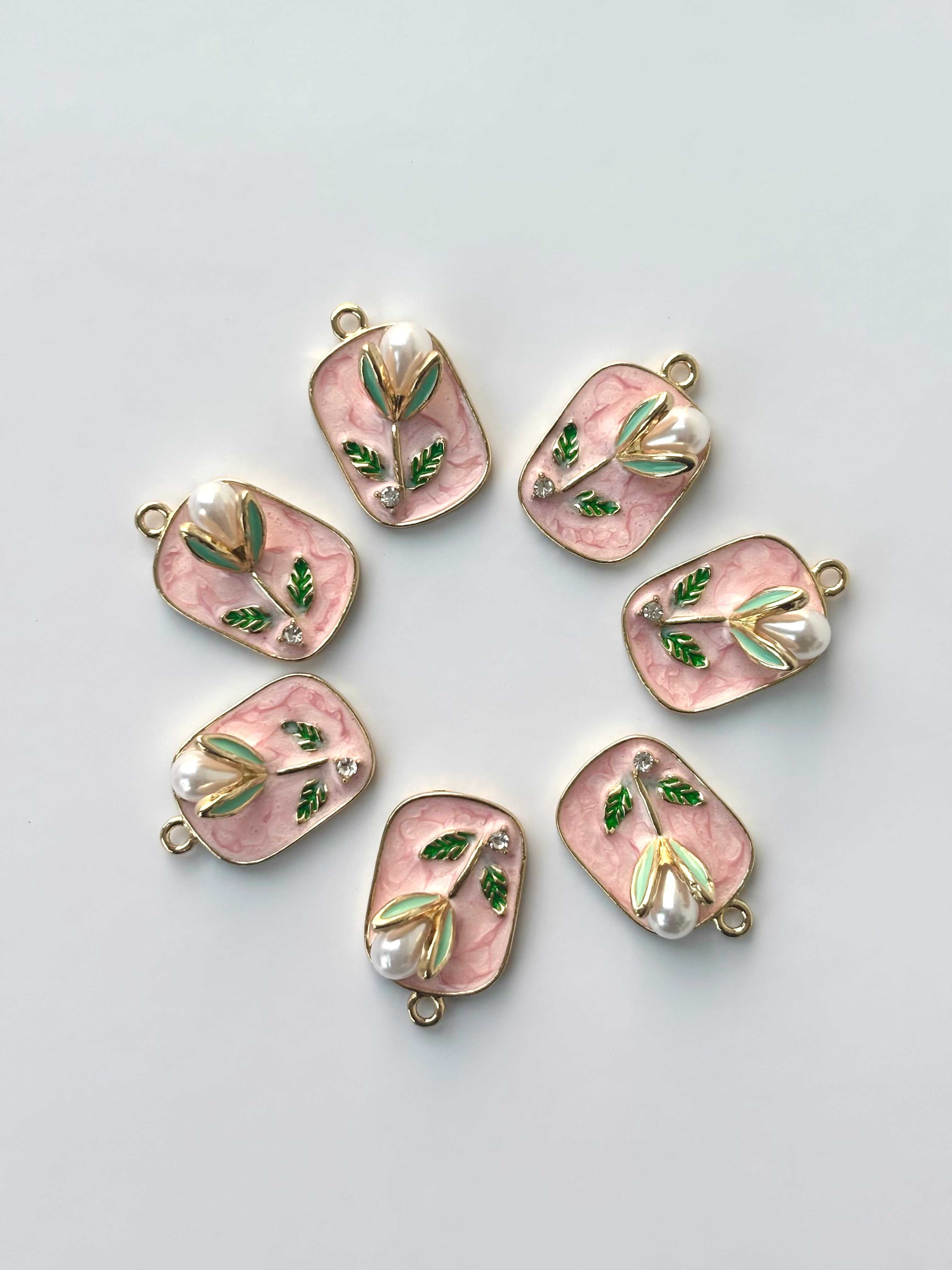 Pink Marble Floral Pearl Rectangle Charm