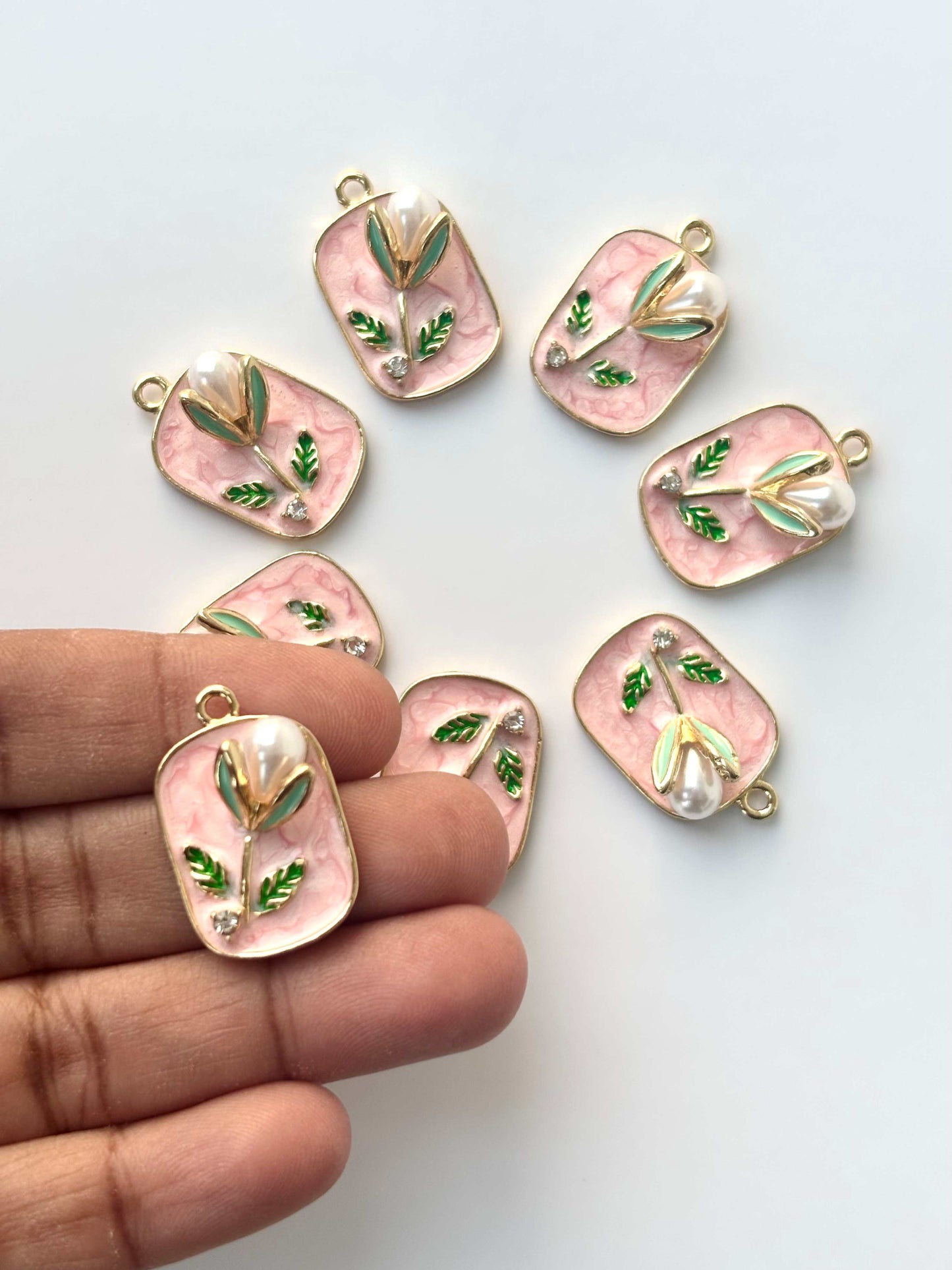 Pink Marble Floral Pearl Rectangle Charm