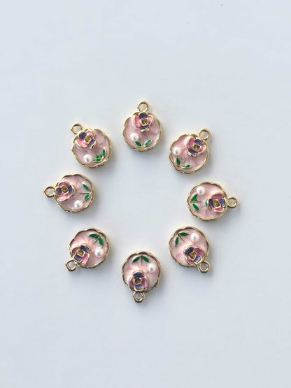 Pink Rose and Pearl Enamel Charms