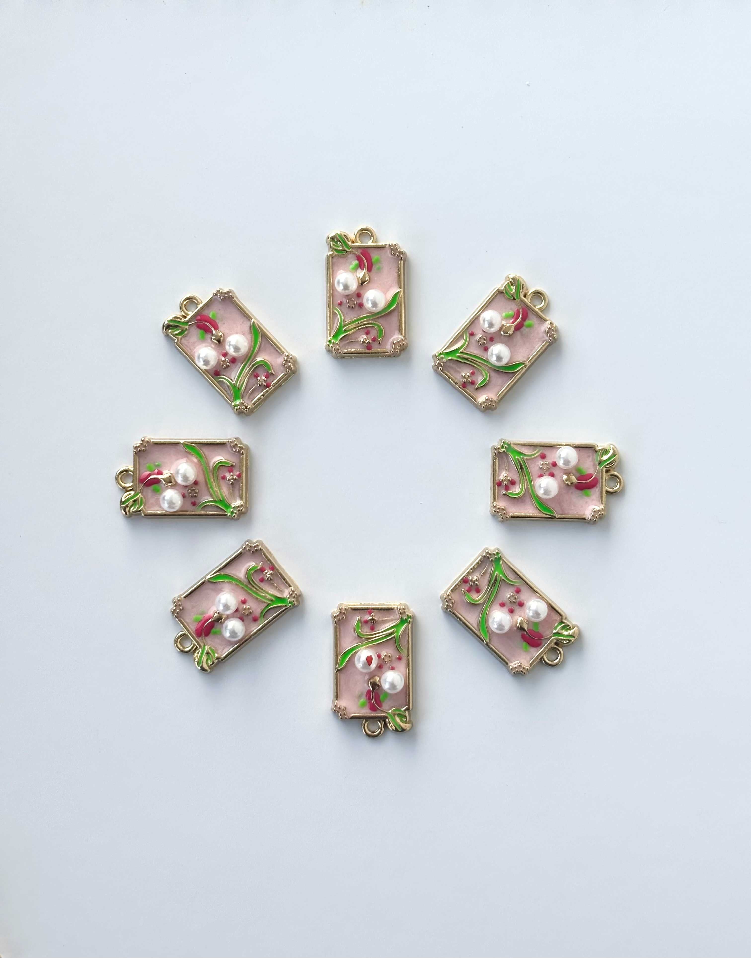 Pink Rectangular Enamel Floral Charms