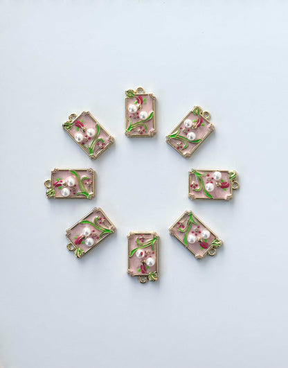 Pink Rectangular Enamel Floral Charms