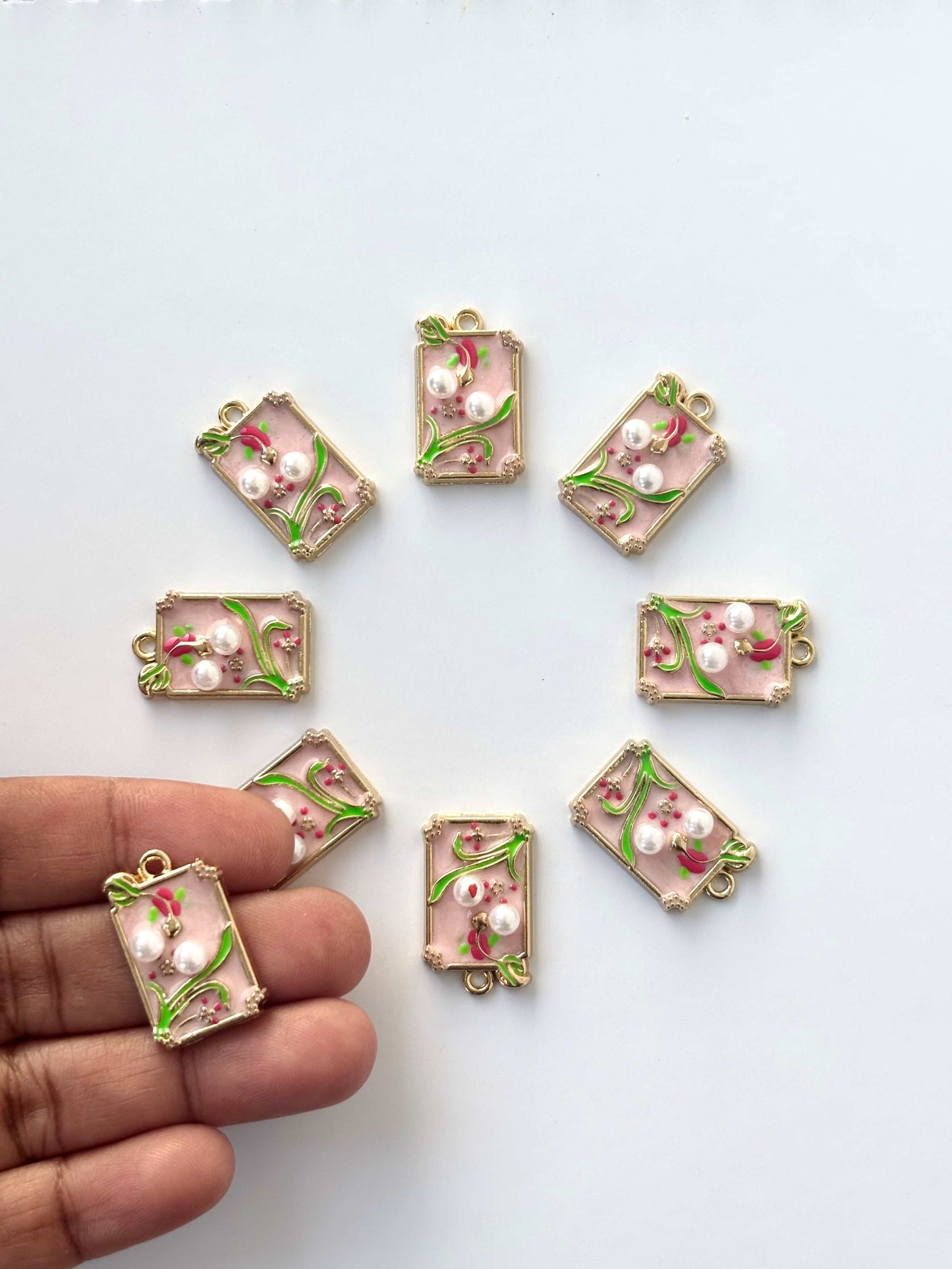 Pink Rectangular Enamel Floral Charms