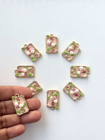 Pink Rectangular Enamel Floral Charms
