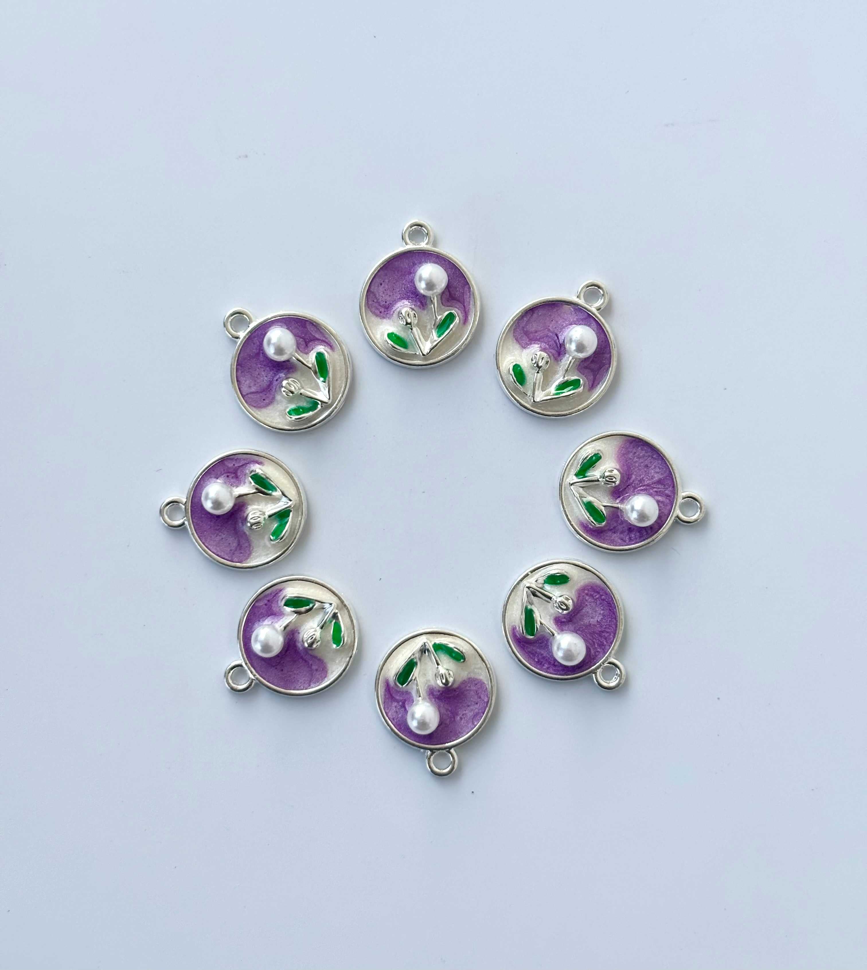 Purple and Cream Enamel Floral Charms