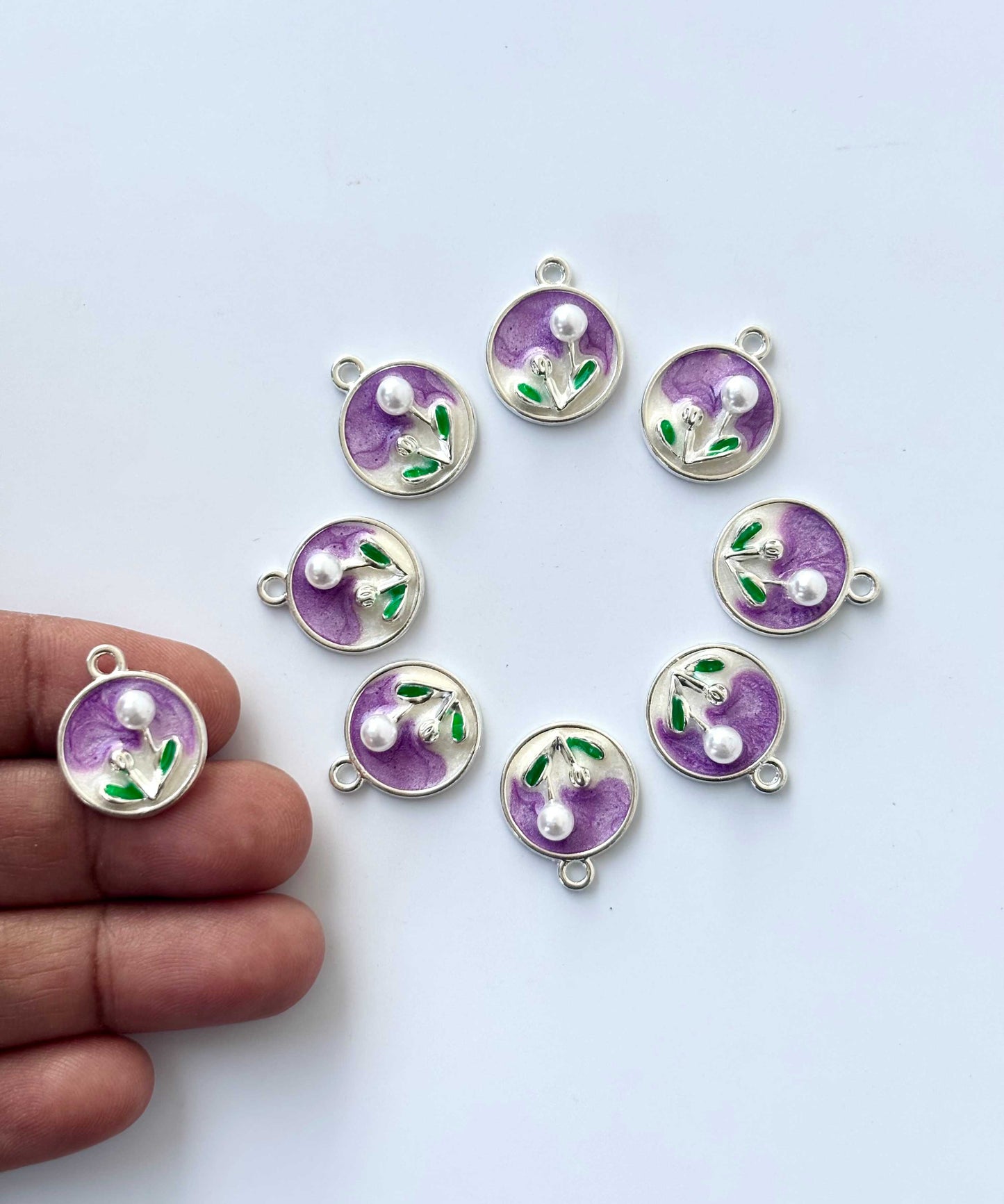 Purple and Cream Enamel Floral Charms