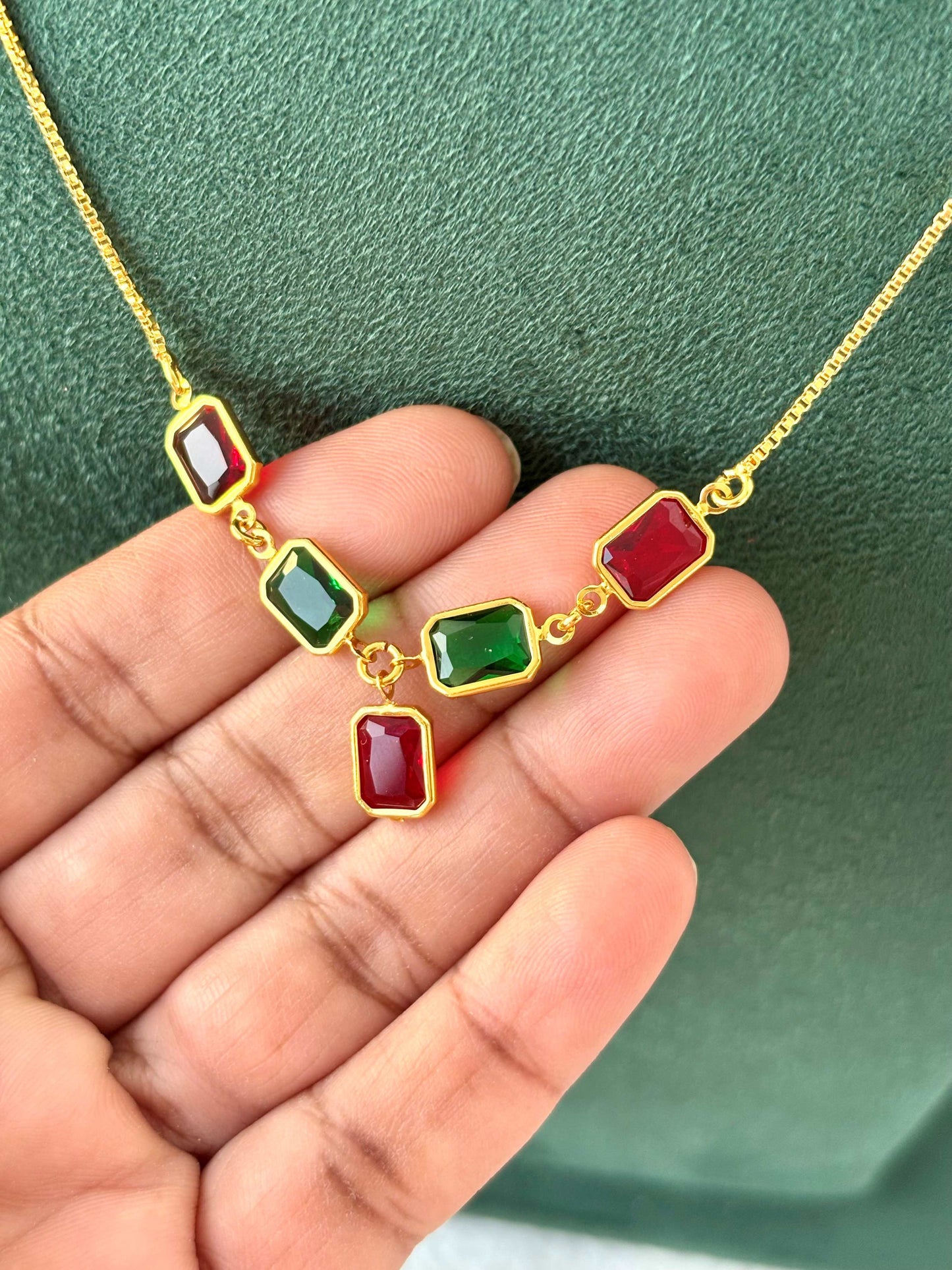 Gold Necklace with Red and Green Gemstones