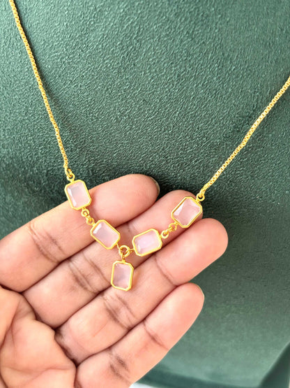 Gold Necklace with Pastel Pink Emerald-Cut Stones