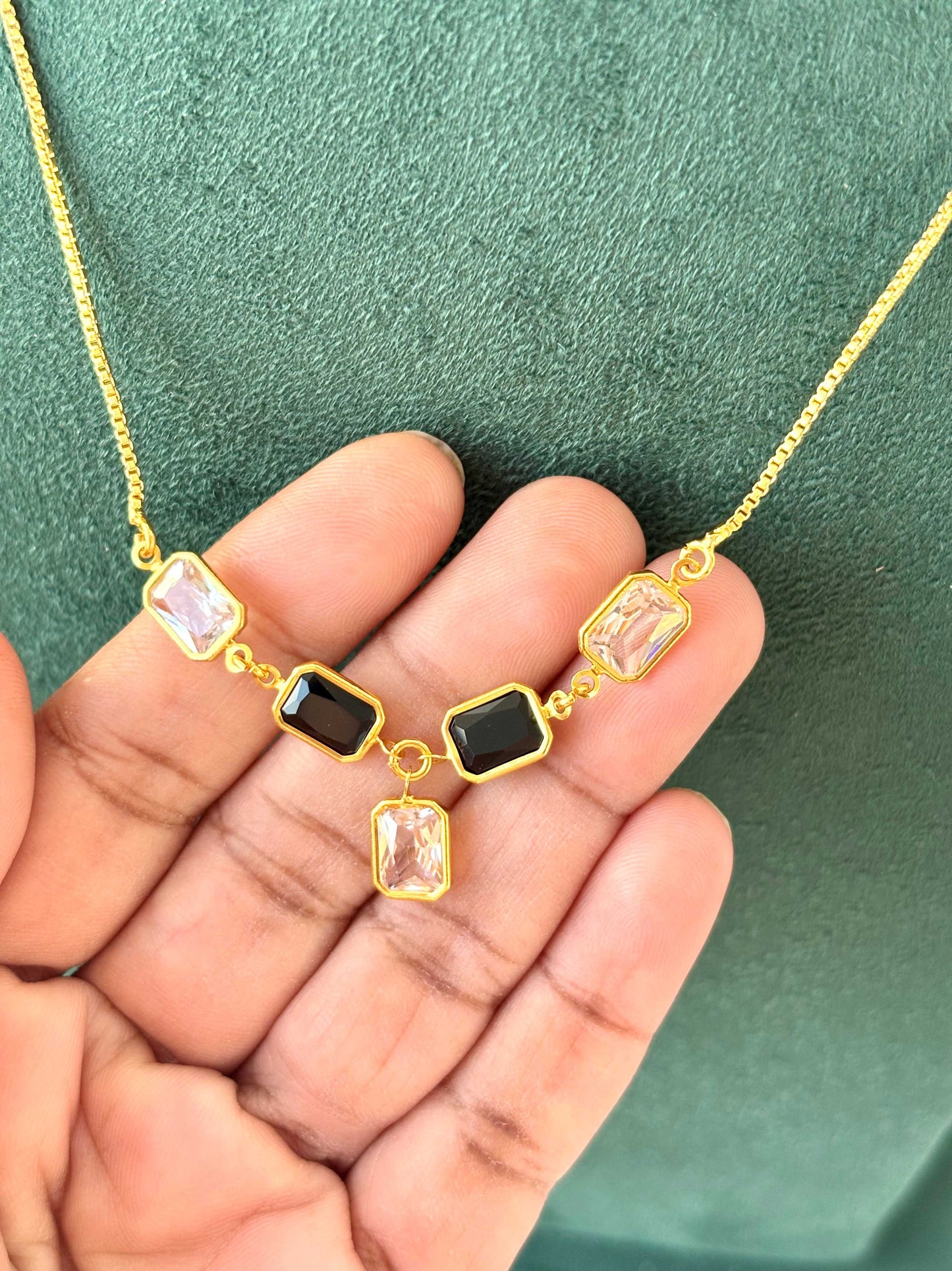 Gold Necklace with Black and Clear Crystal Stones