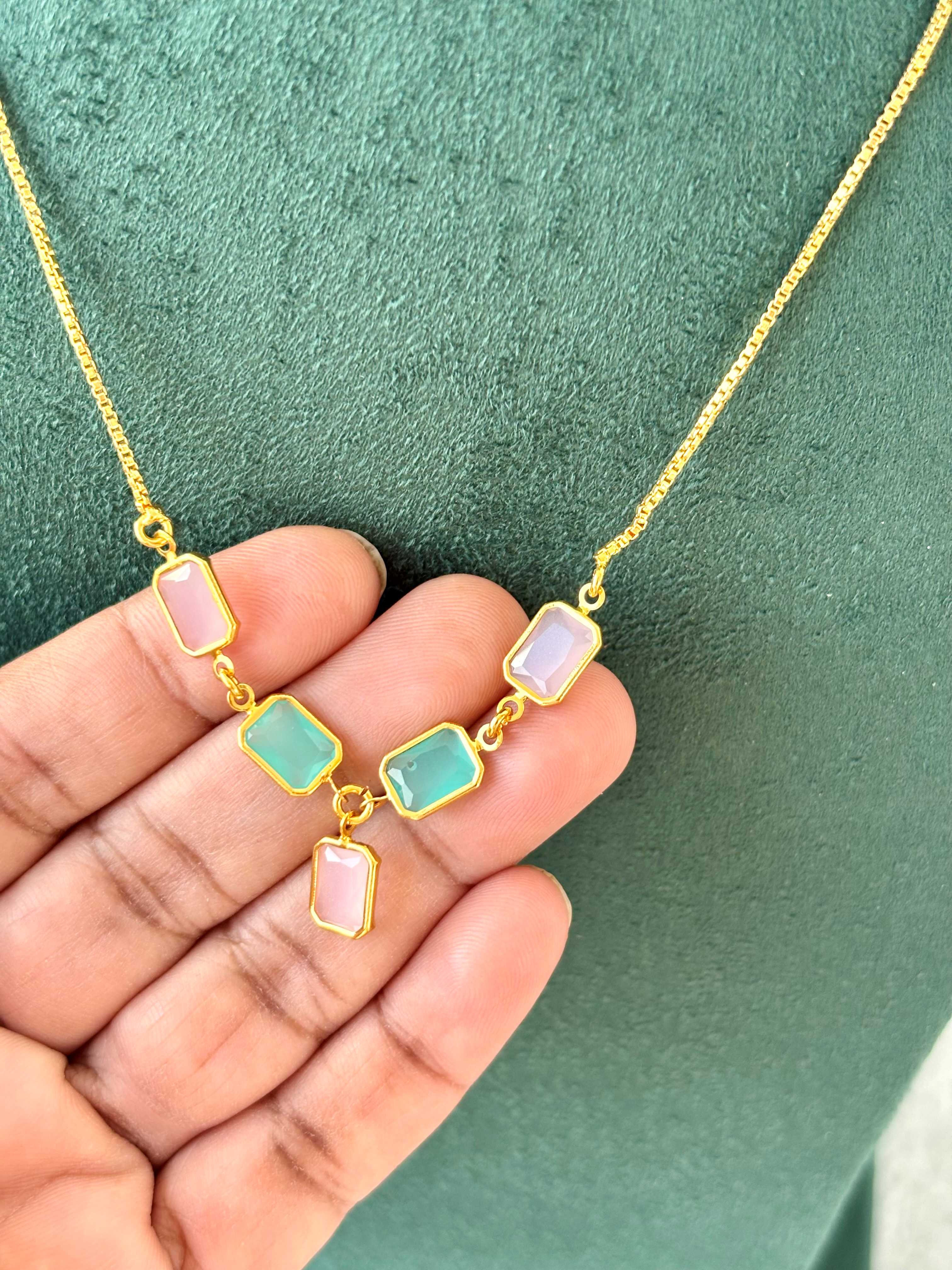 Gold Necklace with Pastel Green and Pink Gemstones