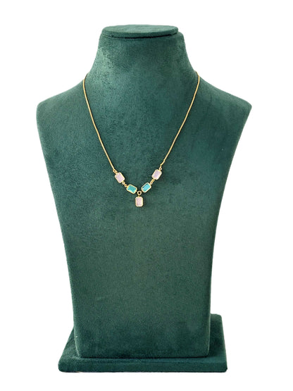 Gold Necklace with Pastel Green and Pink Gemstones
