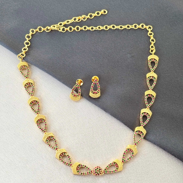 Gold Ruby Pink and Green Stone Oval Charm Necklace