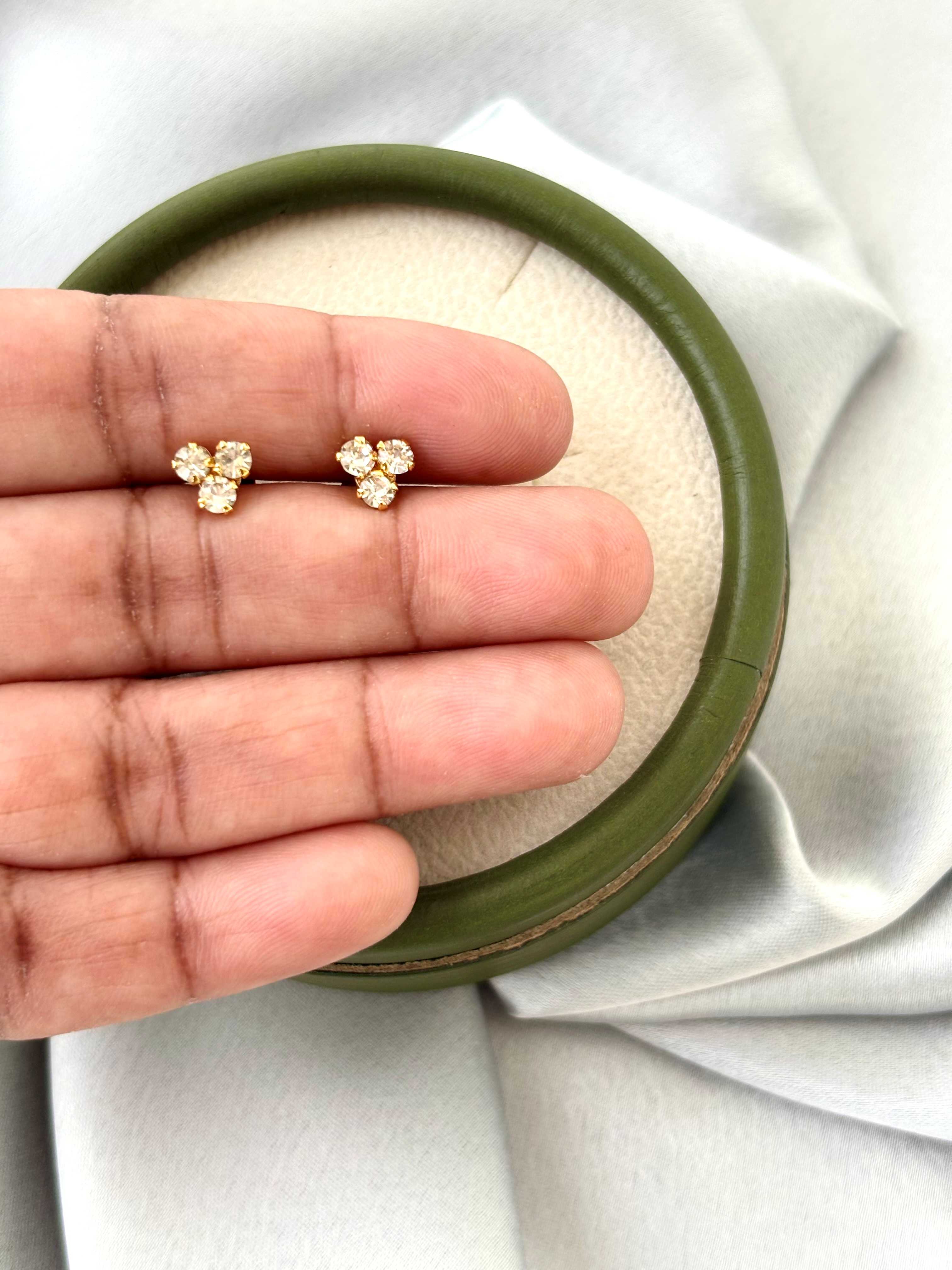 Triple Stone Floral Gold-Plated Studs