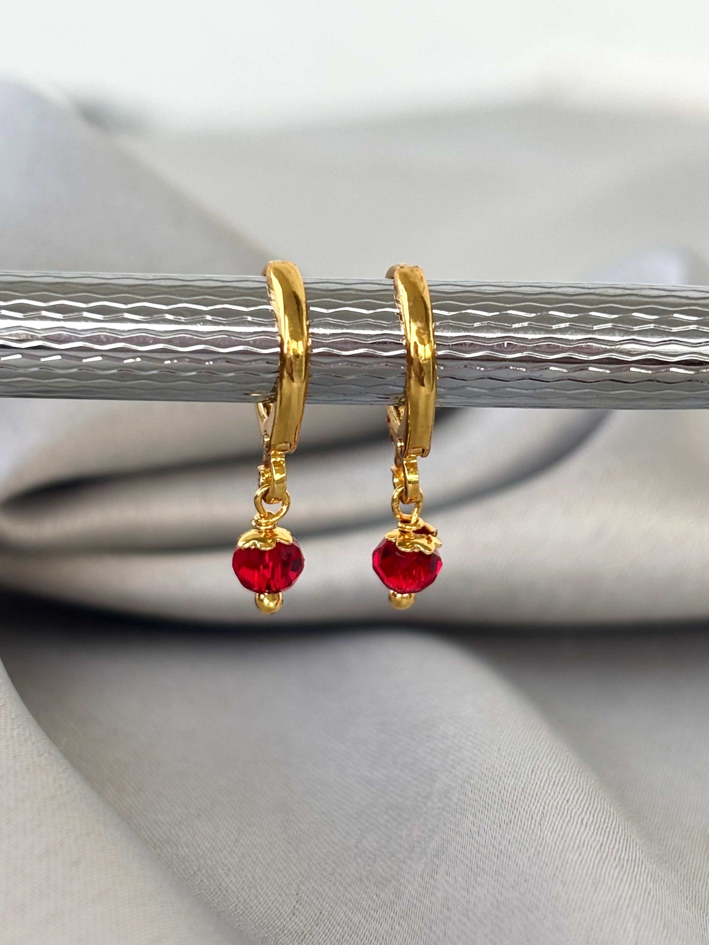 Red Bead Dangle Gold-Plated Huggies
