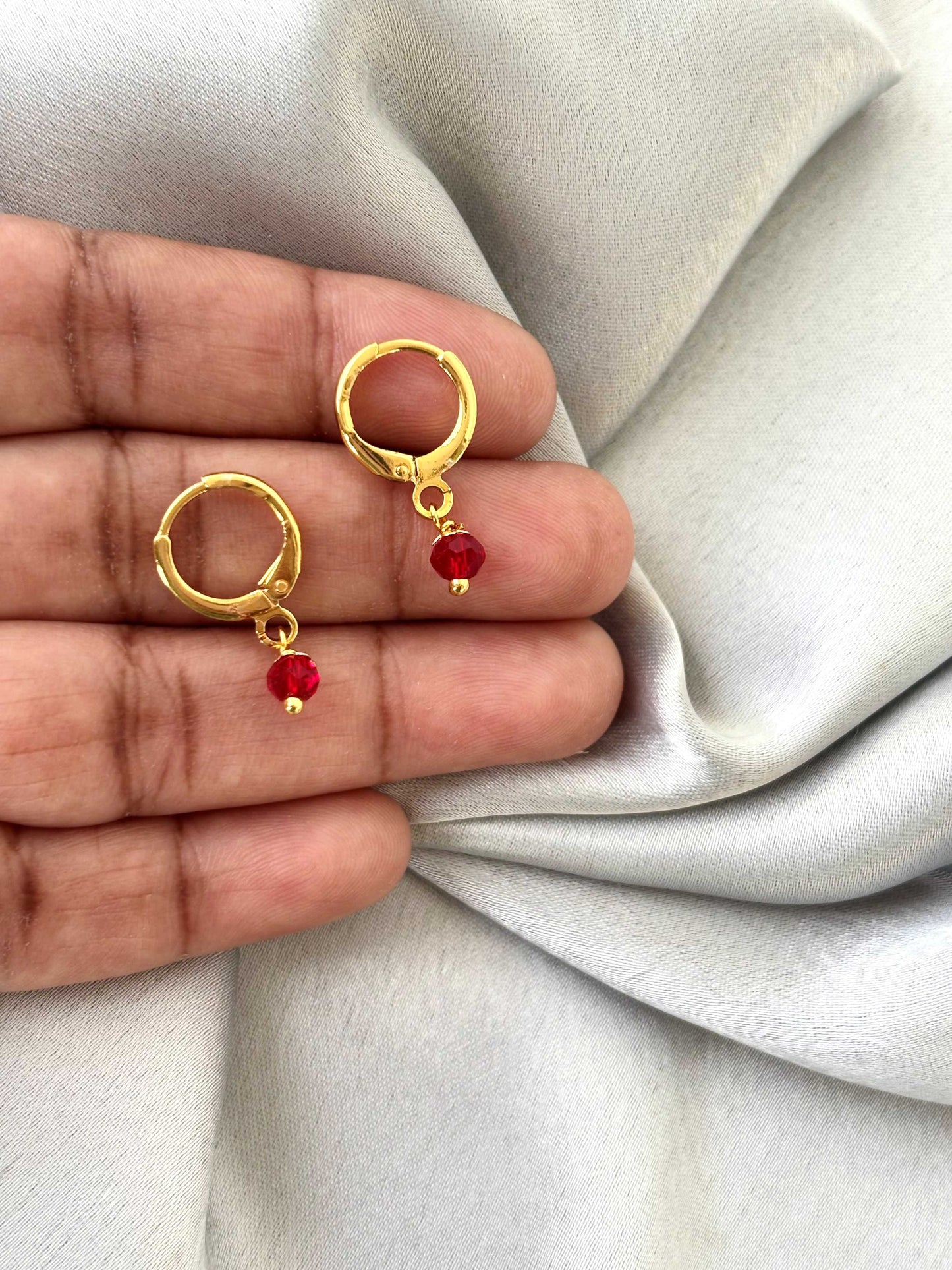 Red Bead Dangle Gold-Plated Huggies