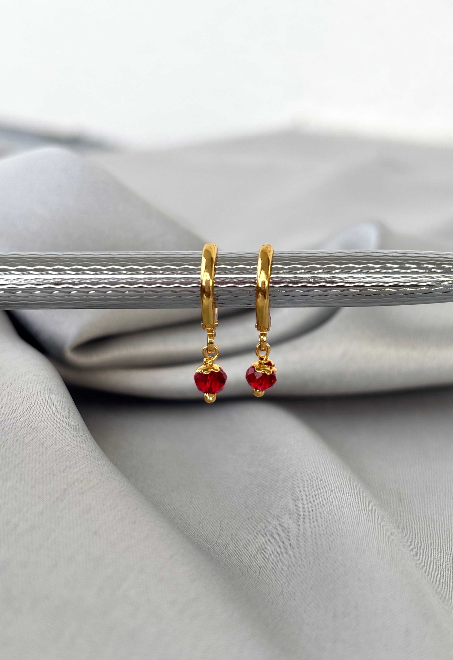 Red Bead Dangle Gold-Plated Huggies