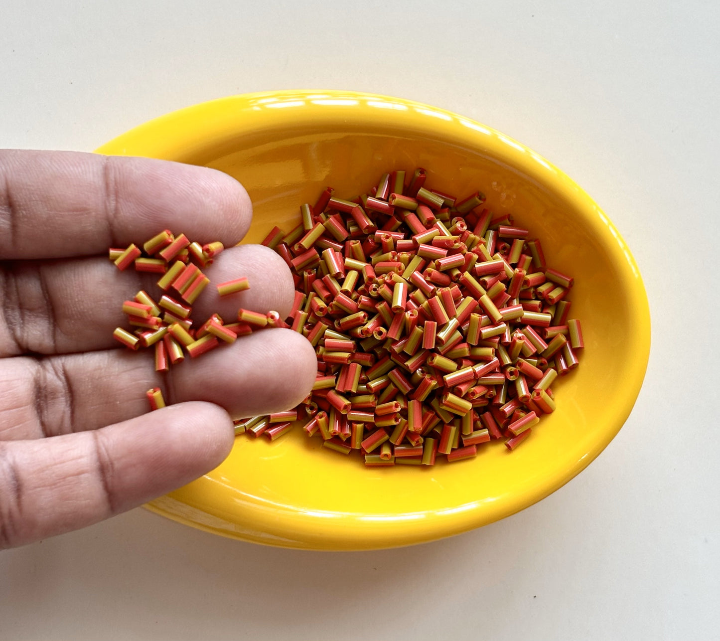 Olive Green and Red Tubular Beads