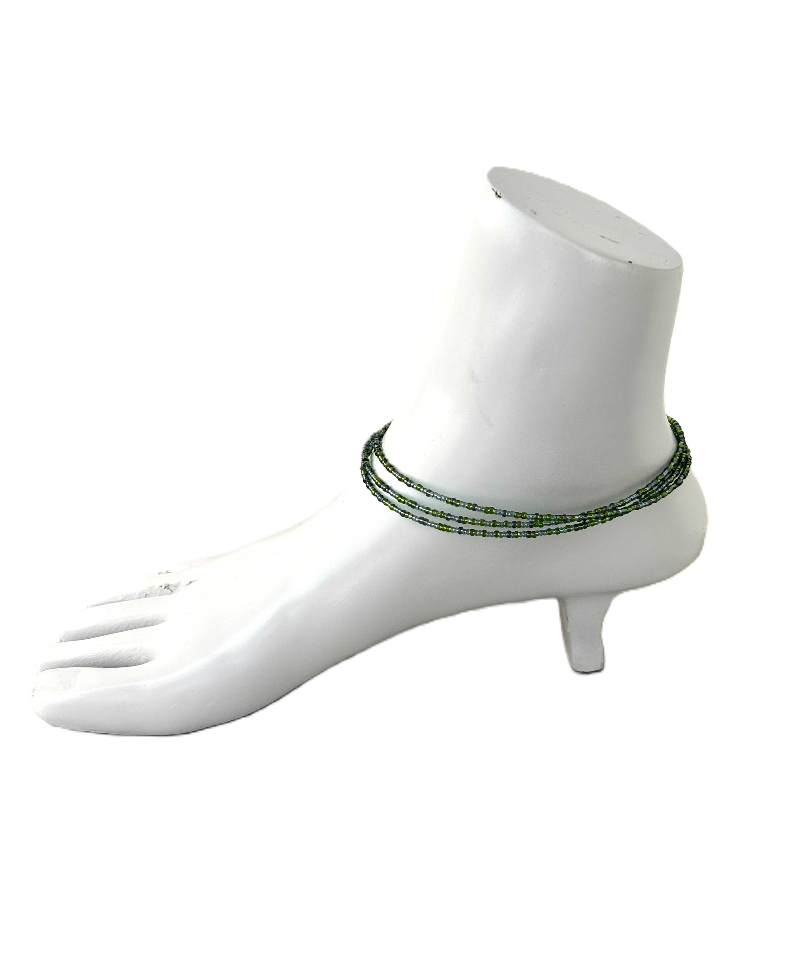 Layered Green and Gold Seed Bead Anklets